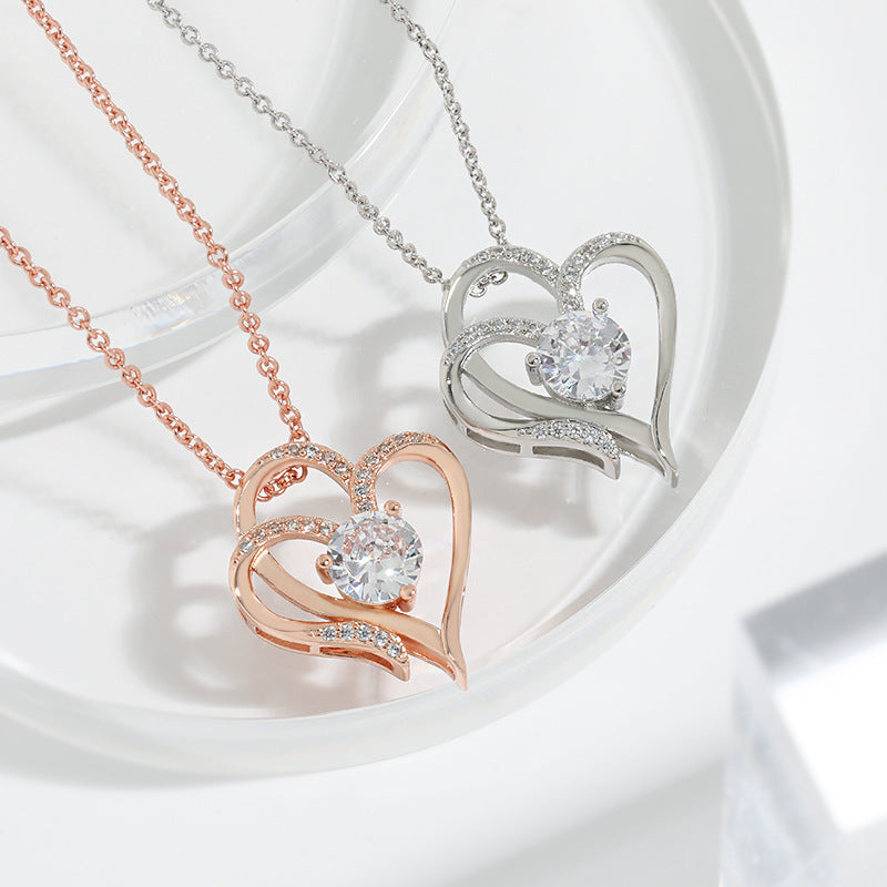 Zircon Heart Charm Necklace with Rhinestones