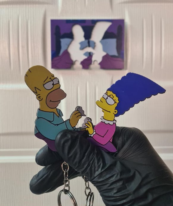 Homer & Marge Themed Wooden Keychain