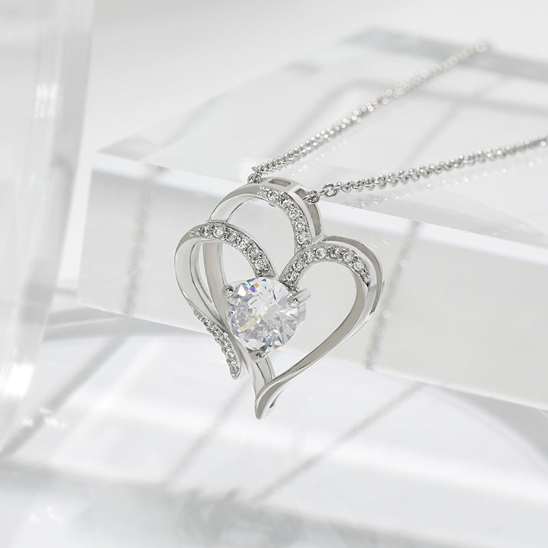 Zircon Heart Charm Necklace with Rhinestones